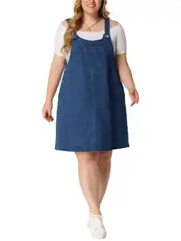 Walmart GRACE & GRANDEUR Women's Plus Size Denim Overalls Dress Casual Summer Midi Jean Skirts 1X Dark Blue offer