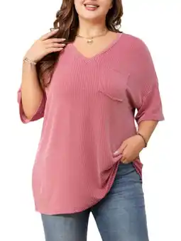 Walmart Mengpipi Womens Plus Size V-Neck Ribbed Knit Top Casual Loose Fit Half Sleeve T-Shirt 1X-5X offer
