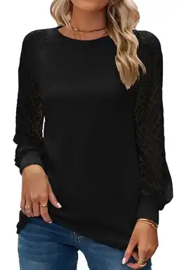 Walmart Mengpipi Women's Long Sleeve Blouse Lace Waffle Knit Loose Casual Tops, Black-L(US 12-14) offer