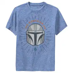 Walmart Boy's Star Wars: The Mandalorian Helmet Cartoon Performance Graphic Tee Royal Blue Heather Large offer