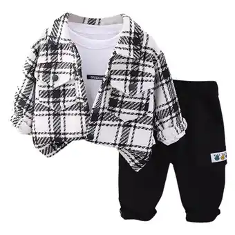 Walmart QHFBli 3Pcs Toddler Baby Boy Outfits Plaid Flannel Shirt+T Shirts+Pants 1-6 Years offer
