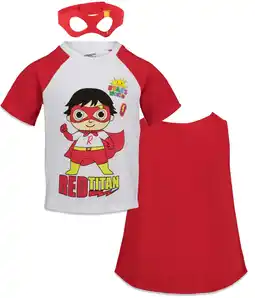 Walmart RYAN'S WORLD Red Titan Toddler Boys Cosplay T-Shirt Cape and Mask 3 Piece Outfit Set White/Red 3T offer