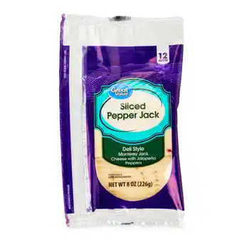Walmart Great Value Deli Style Sliced Pepper Jack Cheese, 8 oz, 12 Slices (Resealable Plastic Packaging) offer