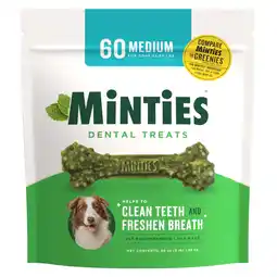 Walmart Minties Dental Bone Treats, Chews for Medium Dogs 25-50 lbs, 60 Count, 48 oz, Shelf-Stable offer