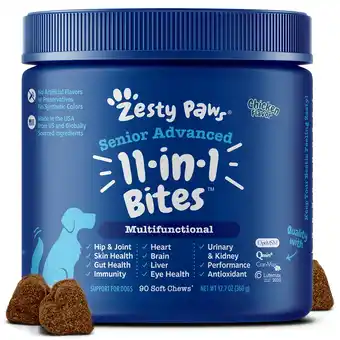 Walmart Zesty Paws Senior Advanced 11-in-1 Multifunctional Bites for Senior Dogs, Chicken, 90 ct offer
