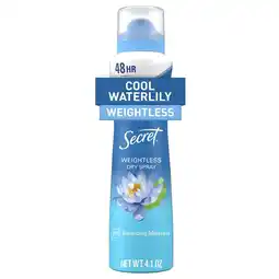 Walmart Secret Dry Spray Antiperspirant Deodorant, Waterlily and Argan Oil, 4.1 oz offer