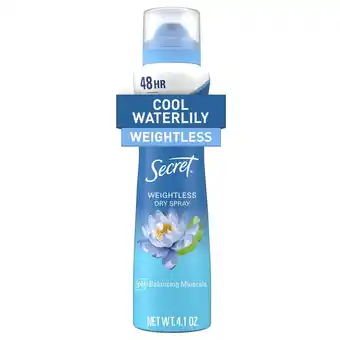Walmart Secret Dry Spray Antiperspirant Deodorant, Waterlily and Argan Oil, 4.1 oz offer