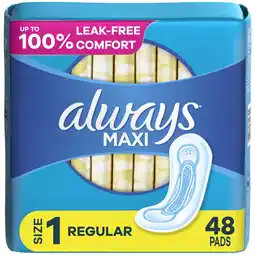 Walmart Always Maxi Pads without Wings, Size 1, Regular Absorbency, 48 Count offer