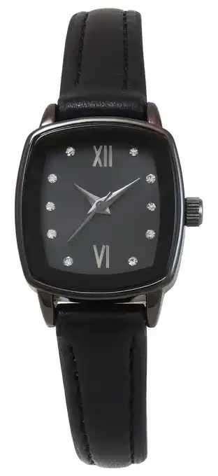 Walmart Time & Tru Ladies 23mm Gunmetal Tone Cushion Shape Mettalized Bezel Black Strap Watch offer