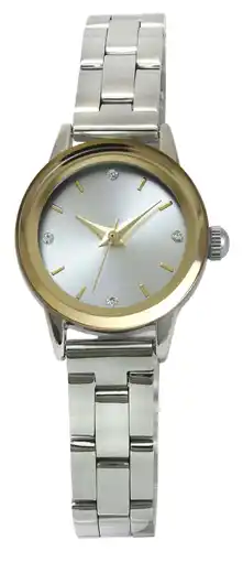 Walmart Time & Tru Ladies 22mm Silver Tone With Gold Mettalzied Glass Bezel Stainless Steel Bracelet Watch offer