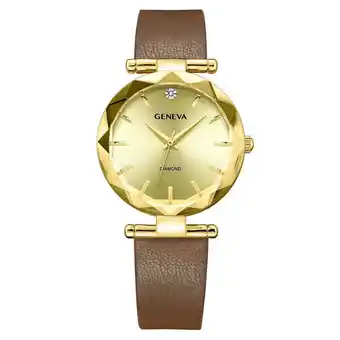 Walmart Geneva Ladies Gold Tone 32mm Genuine Diamond Faceted Bezel Brown Strap Watch offer