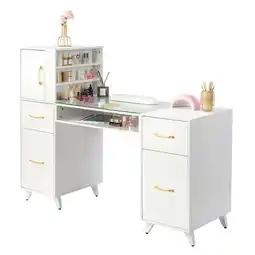 Walmart Zimtown 55L*19W*44H Makeup Nail Desk Modern Salon Manicure Table for Nail Tech Glass Top, White offer