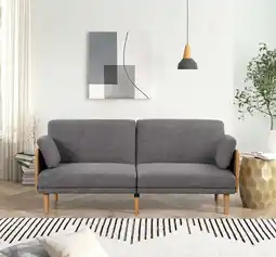 Walmart Better Homes & Gardens 73 Reading Futon, Natural Rubber Wood Legs & Arms, Grey Linen Fabric offer