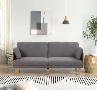 Walmart Better Homes & Gardens 73 Reading Futon, Natural Rubber Wood Legs & Arms, Grey Linen Fabric offer
