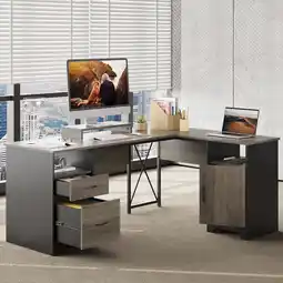 Walmart Bestier L Shaped Desk with Drawers 63 Office Computer Desk with Monitor Stand, Gray Wash offer