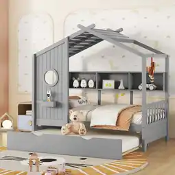 Walmart New Wooden Twin Size House Bed With Trundle, Modern Design for Kids with Storage Shlef, Gray offer