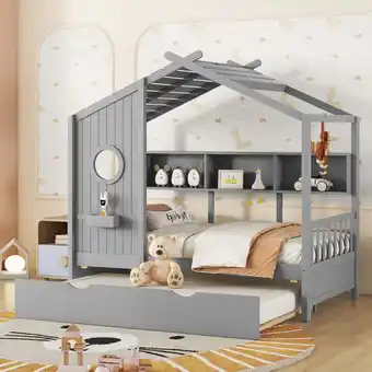Walmart New Wooden Twin Size House Bed With Trundle, Modern Design for Kids with Storage Shlef, Gray offer