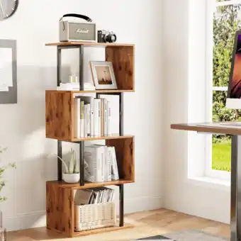 Walmart Satifur 4-Tier S-Shaped Geometric Bookcase, Industrial Freestanding Storage Shelving Unit offer