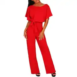 Walmart jumpsuits for women Casual Loose Batwing Sleeve Crewneck Rompers Belted Long Pants Wide Legs Overall offer