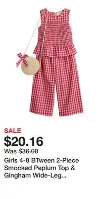 Kohl's Girls 4-8 BTween 2-Piece Smocked Peplum Top & Gingham Wide-Leg Pants Set offer