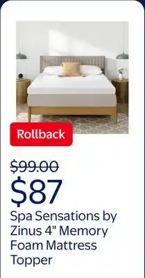 Walmart Spa Sensations by Zinus Dual-Layer 4 Memory Foam Mattress Topper offer