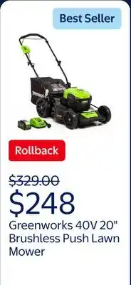 Walmart Greenworks 40V 20 Brushless Push Lawn Mower with 4.0 Ah Battery & Quick Charger 2516302VT offer