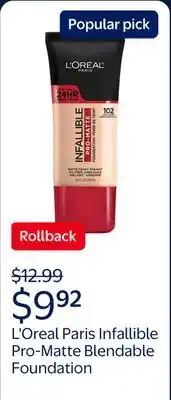 Walmart L'Oreal Paris Infallible Pro-Matte Blendable Foundation, Oil Free, 102 Shell Beige offer