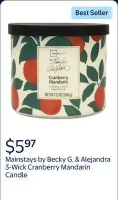 Walmart Mainstays by Becky G. & Alejandra 3-Wick Cranberry Mandarin Candle, Orange & Green, 13 oz offer