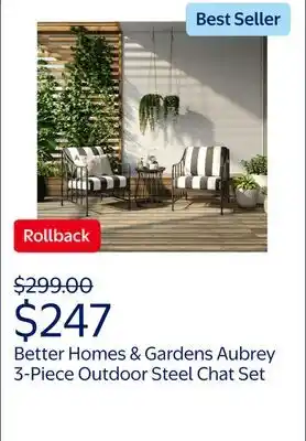 Walmart Better Homes & Gardens Aubrey 3-Piece Outdoor Steel Stationary Chat Set, Stripe Color Cushion offer