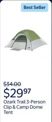 Walmart Ozark Trail, 3-Person Clip & Camp Dome Tent offer