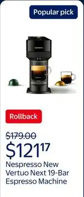 Walmart Nespresso New Vertuo Next 19-Bar, 1-Cup Black Espresso Machine offer