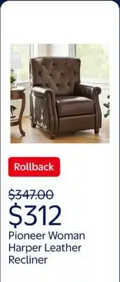 Walmart Pioneer Woman Harper Leather Recliner, Whiskey & Faux Cowhide Upholstery offer