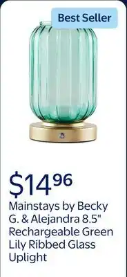 Walmart Mainstays by Becky G. & Alejandra 8.5 Rechargeable Green Lily Ribbed Glass Uplight, Gold Metal Base offer