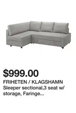 Ikea FRIHETEN / KLAGSHAMN Sleeper sectional,3 seat w/storage, Faringe light gray offer
