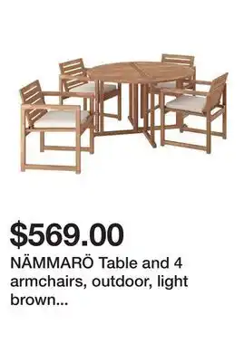 Ikea NÄMMARÖ Table and 4 armchairs, outdoor, light brown stained/Frösön/Duvholmen beige offer