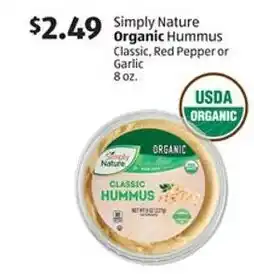 Aldi Simply nature organic hummus classic, red pepper or garlic offer
