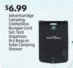 Aldi Adventuridge camping clothesline, bungee cord set, tent organizer, dry bags or solar camping shower offer