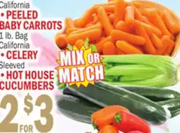 Bravo Supermarkets PEELED BABY CARROTS 1 lb. Bag, CELERY Sleeved, HOT HOUSE CUCUMBER offer