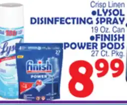 Bravo Supermarkets LYSOL DISINFECTING SPRAY 19 Oz. Can, FINISH POWER PODS 27 Ct. Pkg offer