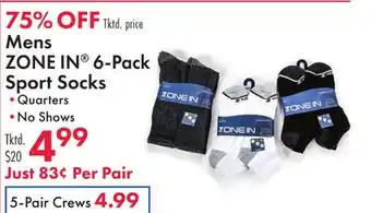 Boscov's Mens ZONE IN 6-Pack Sport Socks offer