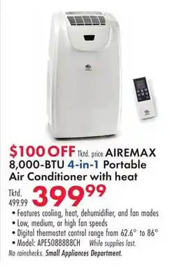 Boscov's AIREMAX 8, 000-BTU 4-in-1 Portable Air Conditioner with heat offer