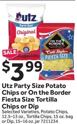 Stop&Shop Utz Party Size Potato Chips or On the Border Fiesta Size Tortilla Chips or Dip offer