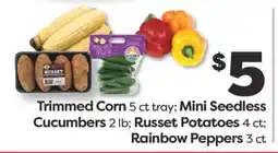 Weis Markets Trimmed Corn 5 ct tray Mini Seedless Cucumbers 2 lb Russet Potatoes 4 ct Rainbow Peppers 3 ct offer
