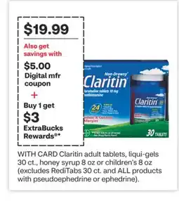 CVS Claritin adult tablets, liqui-gels 30 ct., honey syrup 8 oz or children's 8 oz offer