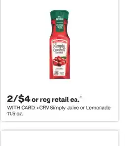 CVS Simply Juice or Lemonade 11.5 oz offer