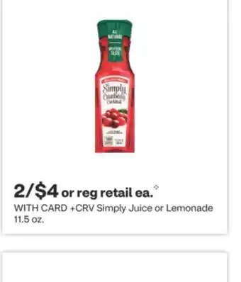 CVS Simply Juice or Lemonade 11.5 oz offer