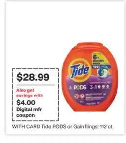 CVS Tide PODS or Gain flings! 112.ct offer