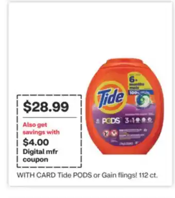 CVS Tide PODS or Gain flings! 112.ct offer