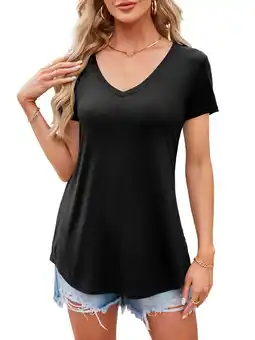 Walmart Fancyglim Womens V-Neck Short Sleeve Long Tunic T-Shirt with Curved Hem, Black L offer