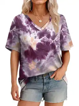 Walmart MOSHU Womens T-Shirts V Neck Short Sleeve Loose Tees Tops Casual Print Shirts for Women offer